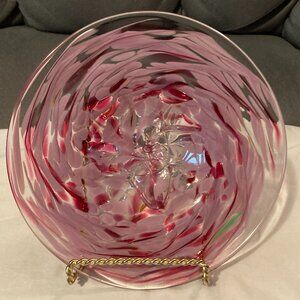 VTG Pink/Red Swirled ArtGlass Pedestal 7.25" D Compote Console Bowl-4 Footed-EUC